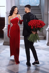 Classy Red Straps Sequins Mermaid Evening Dresses With Split