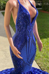 Classy Royal Blue Halter Long Sleeveless Lace Mermaid Prom Dresses