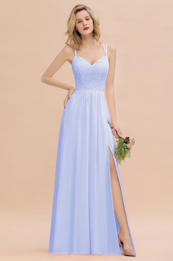Classy Spaghetti Slim Side Split Bridesmaid Dress Sky Blue V-Neck Wedding Party Dress