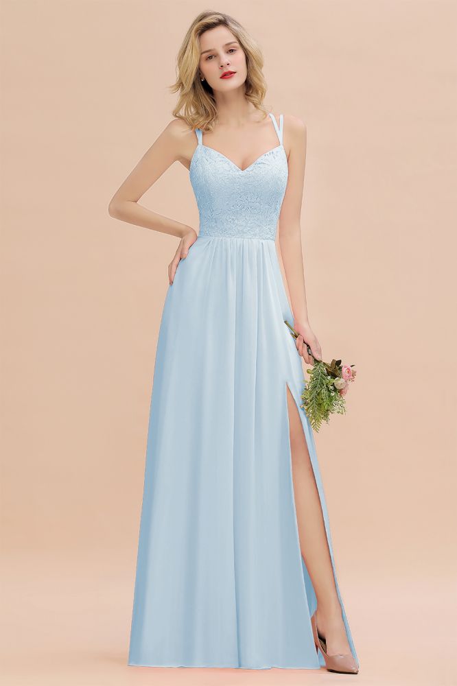 Classy Spaghetti Slim Side Split Bridesmaid Dress Sky Blue V-Neck Wedding Party Dress