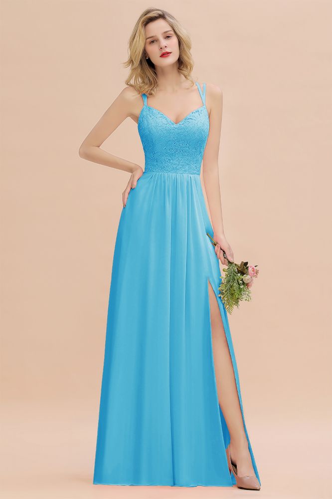 Classy Spaghetti Slim Side Split Bridesmaid Dress Sky Blue V-Neck Wedding Party Dress
