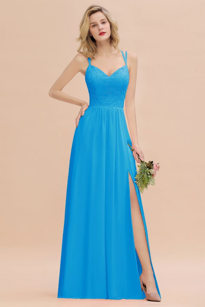 Classy Spaghetti Slim Side Split Bridesmaid Dress Sky Blue V-Neck Wedding Party Dress