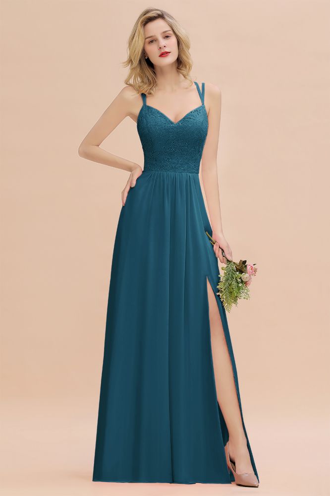 Classy Spaghetti Slim Side Split Bridesmaid Dress Sky Blue V-Neck Wedding Party Dress