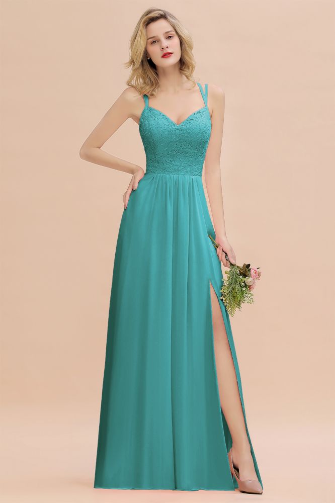 Classy Spaghetti Slim Side Split Bridesmaid Dress Sky Blue V-Neck Wedding Party Dress