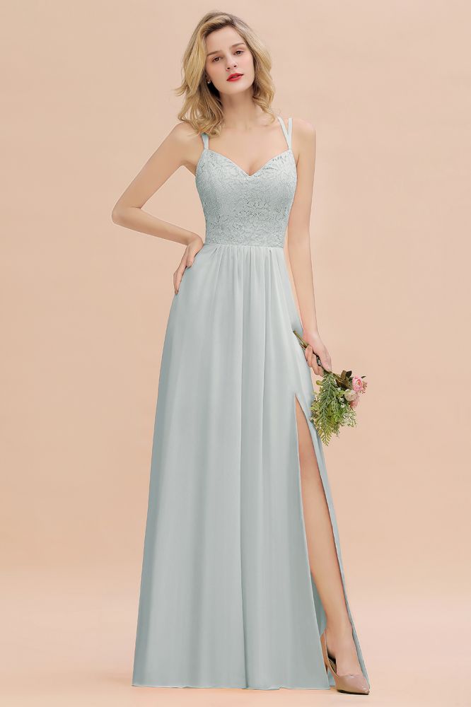 Classy Spaghetti Slim Side Split Bridesmaid Dress Sky Blue V-Neck Wedding Party Dress