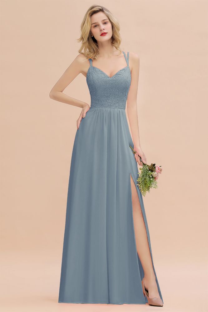 Classy Spaghetti Slim Side Split Bridesmaid Dress Sky Blue V-Neck Wedding Party Dress