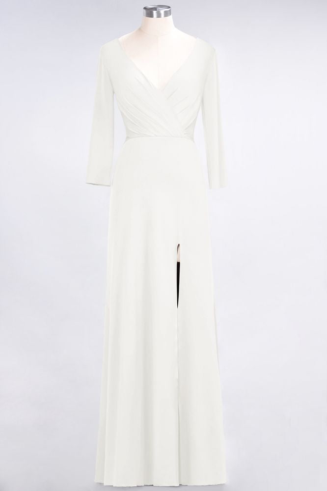 Classy V-Neck Long-Sleeves Side-Slit Long Bridesmaid Dress with Ruffles