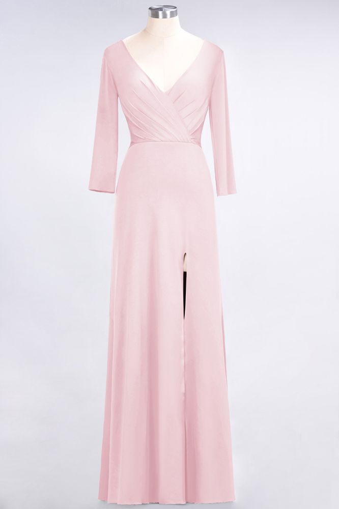 Classy V-Neck Long-Sleeves Side-Slit Long Bridesmaid Dress with Ruffles