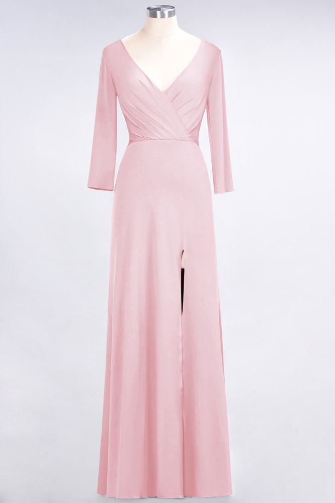 Classy V-Neck Long-Sleeves Side-Slit Long Bridesmaid Dress with Ruffles