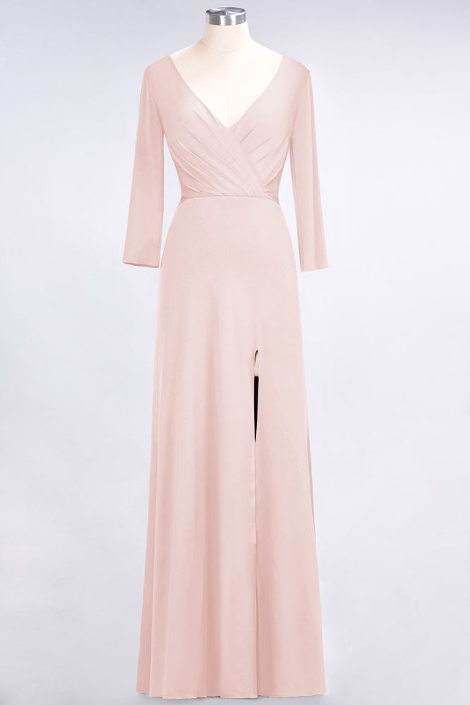 Classy V-Neck Long-Sleeves Side-Slit Long Bridesmaid Dress with Ruffles