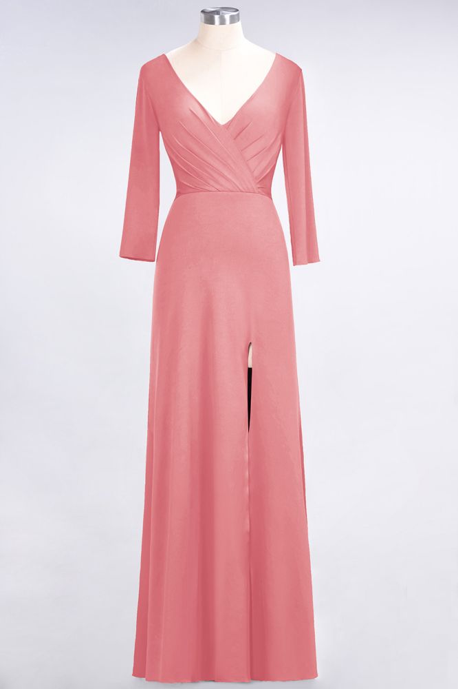 Classy V-Neck Long-Sleeves Side-Slit Long Bridesmaid Dress with Ruffles