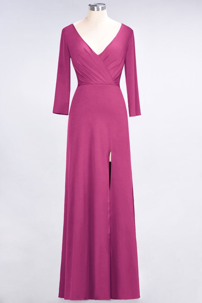 Classy V-Neck Long-Sleeves Side-Slit Long Bridesmaid Dress with Ruffles