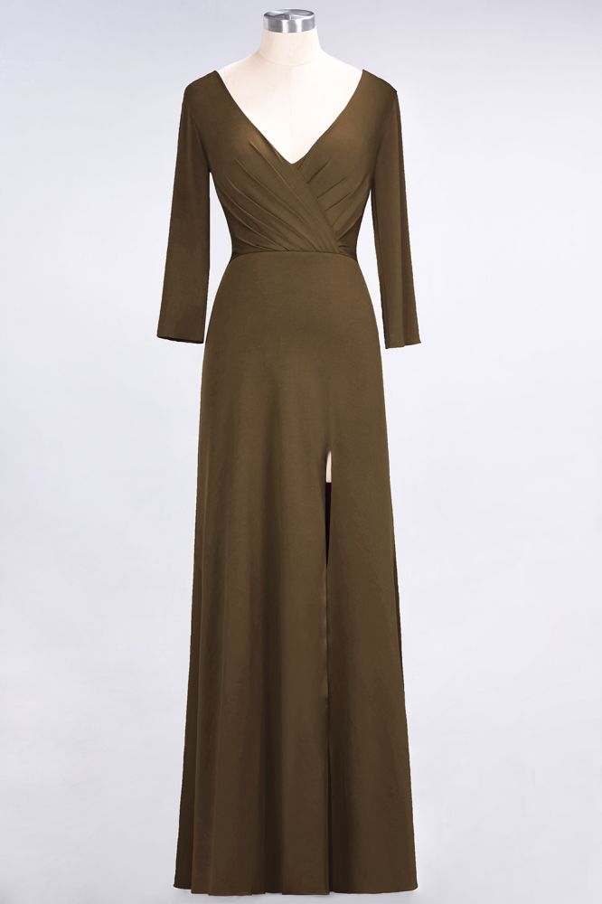 Classy V-Neck Long-Sleeves Side-Slit Long Bridesmaid Dress with Ruffles