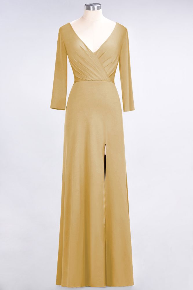 Classy V-Neck Long-Sleeves Side-Slit Long Bridesmaid Dress with Ruffles