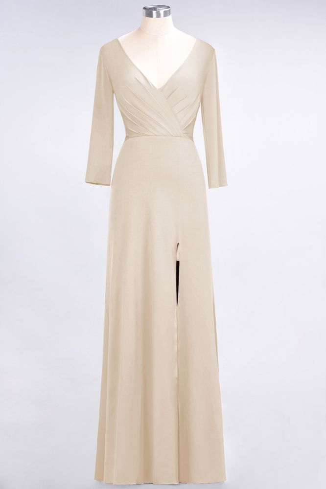 Classy V-Neck Long-Sleeves Side-Slit Long Bridesmaid Dress with Ruffles