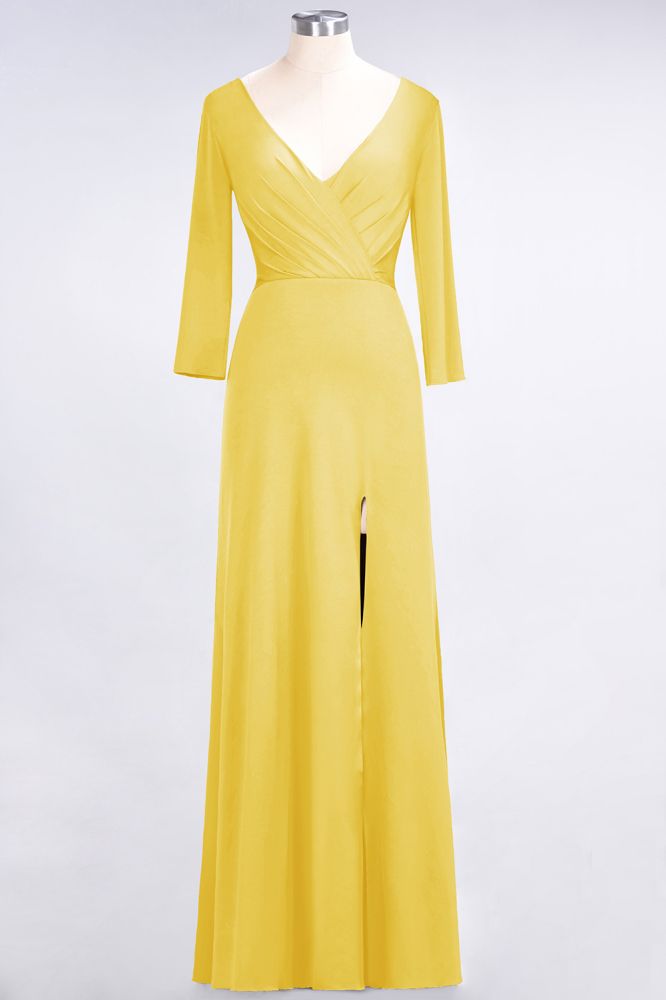Classy V-Neck Long-Sleeves Side-Slit Long Bridesmaid Dress with Ruffles