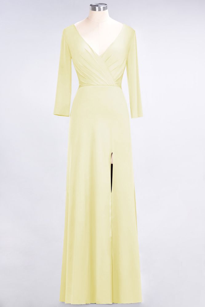 Classy V-Neck Long-Sleeves Side-Slit Long Bridesmaid Dress with Ruffles