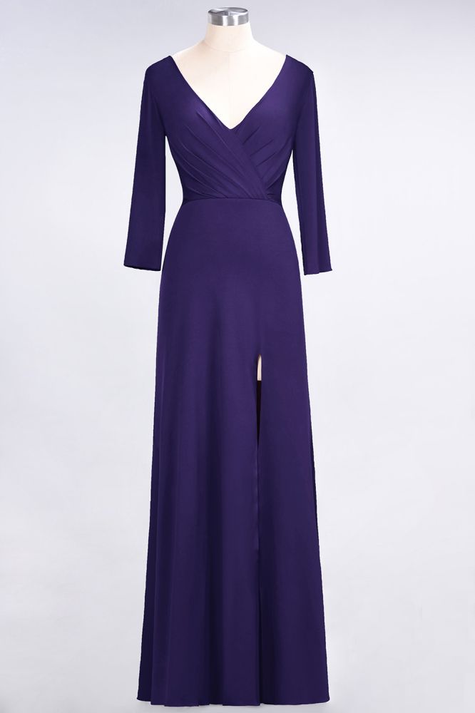 Classy V-Neck Long-Sleeves Side-Slit Long Bridesmaid Dress with Ruffles