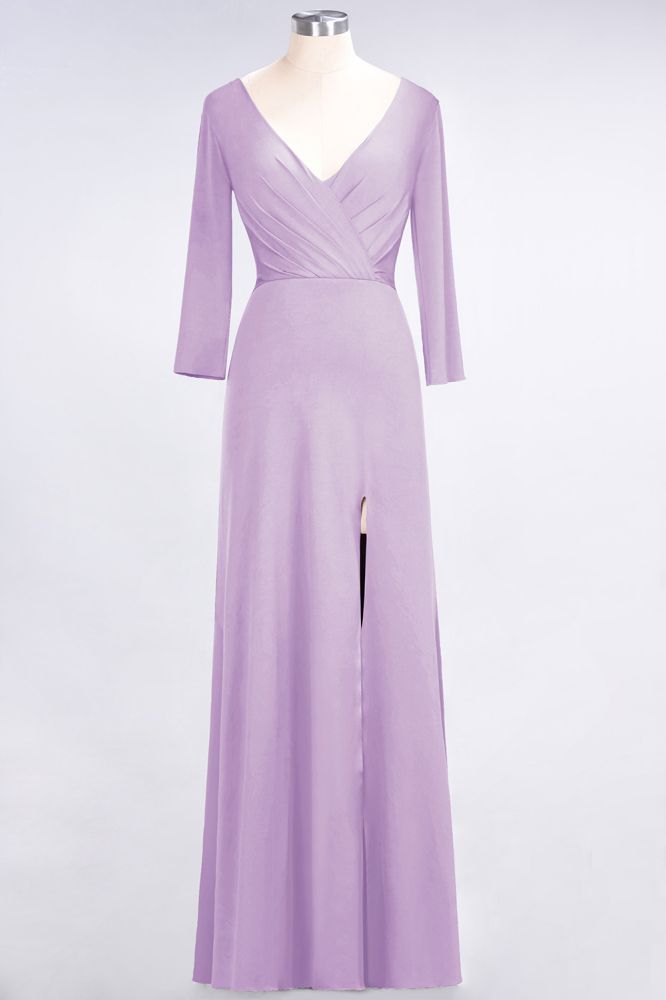 Classy V-Neck Long-Sleeves Side-Slit Long Bridesmaid Dress with Ruffles