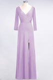 Classy V-Neck Long-Sleeves Side-Slit Long Bridesmaid Dress with Ruffles