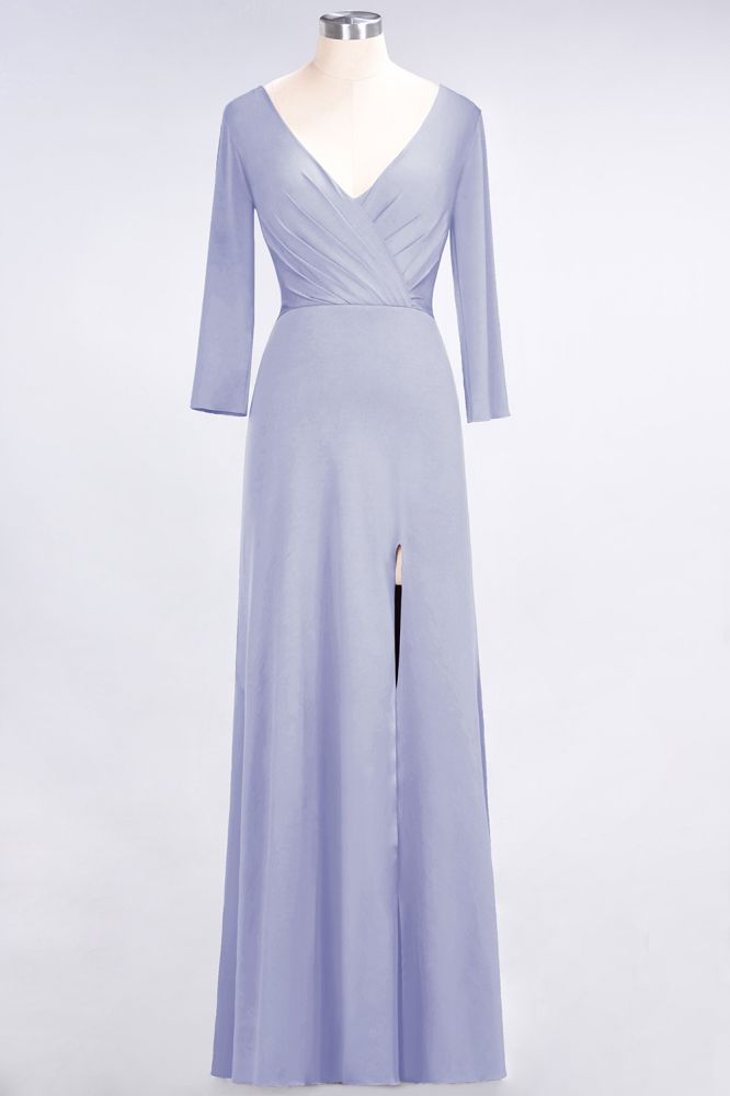 Classy V-Neck Long-Sleeves Side-Slit Long Bridesmaid Dress with Ruffles