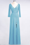 Classy V-Neck Long-Sleeves Side-Slit Long Bridesmaid Dress with Ruffles