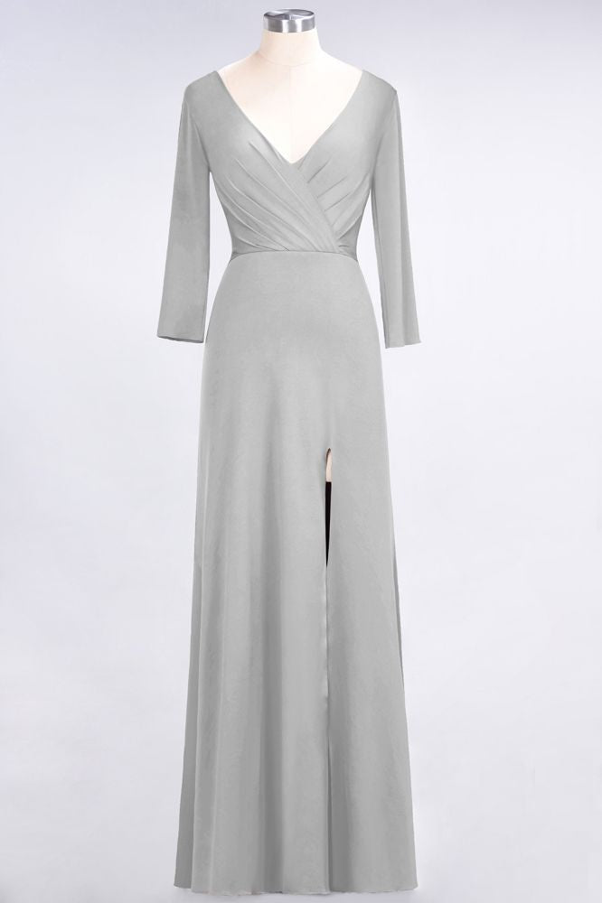 Classy V-Neck Long-Sleeves Side-Slit Long Bridesmaid Dress with Ruffles