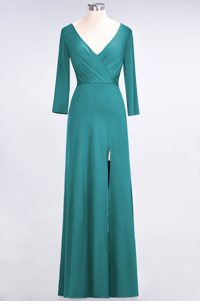 Classy V-Neck Long-Sleeves Side-Slit Long Bridesmaid Dress with Ruffles