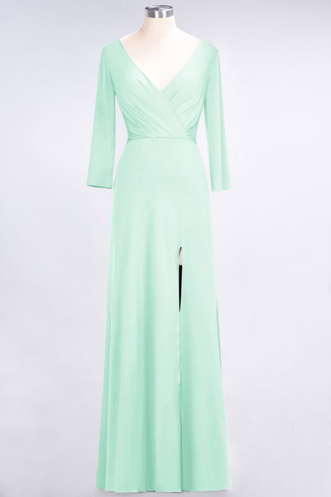 Classy V-Neck Long-Sleeves Side-Slit Long Bridesmaid Dress with Ruffles
