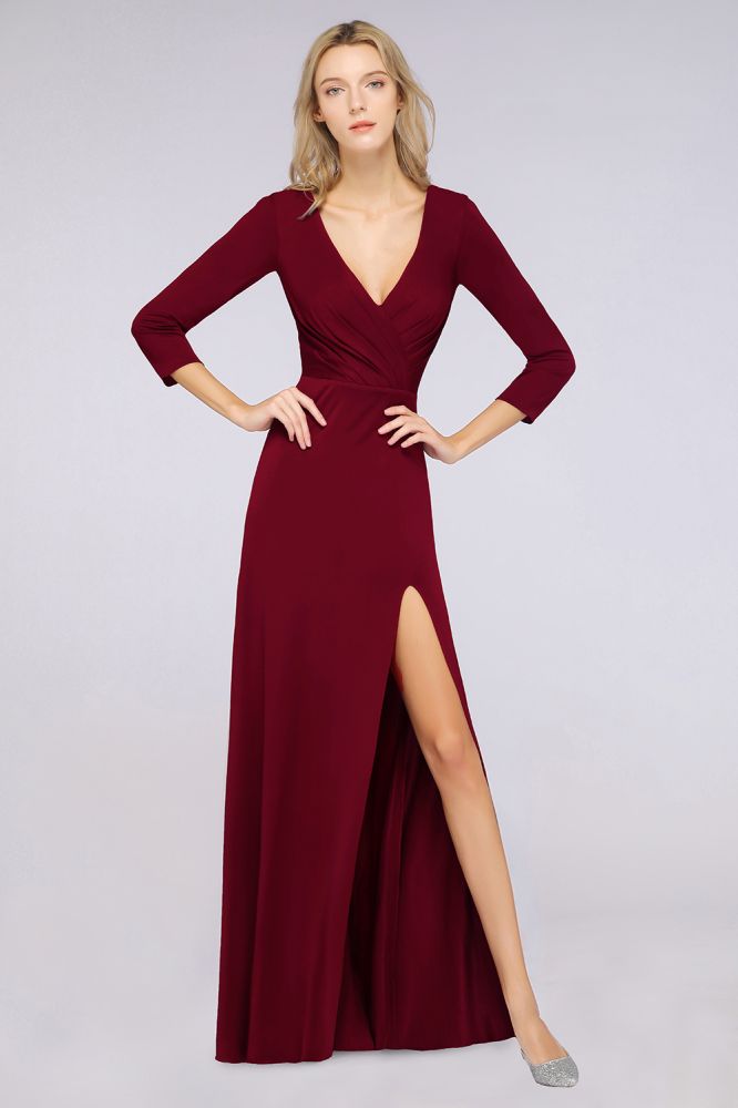 Classy V-Neck Long-Sleeves Side-Slit Long Bridesmaid Dress with Ruffles