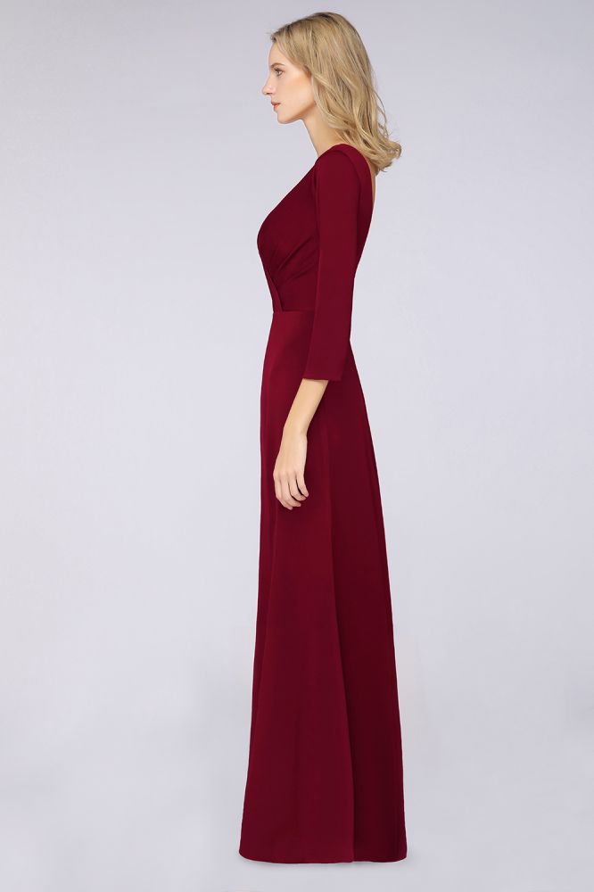 Classy V-Neck Long-Sleeves Side-Slit Long Bridesmaid Dress with Ruffles