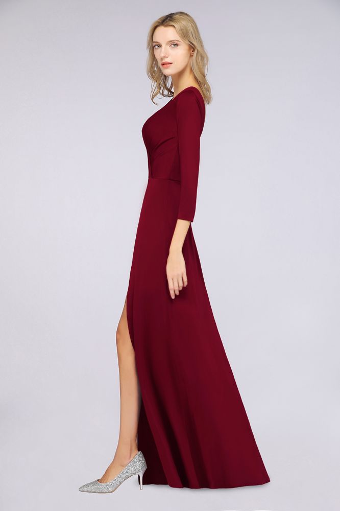 Classy V-Neck Long-Sleeves Side-Slit Long Bridesmaid Dress with Ruffles