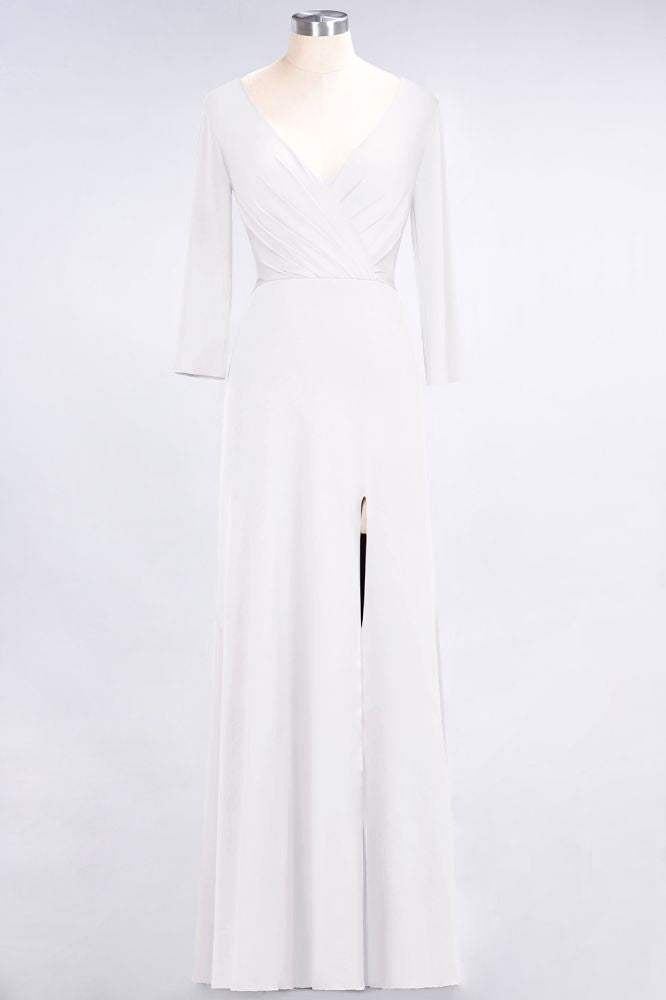 Classy V-Neck Long-Sleeves Side-Slit Long Bridesmaid Dress with Ruffles
