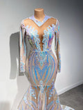 Classy V-neck Sequins Long Sleeve Floor-length Mermaid Prom Dresses