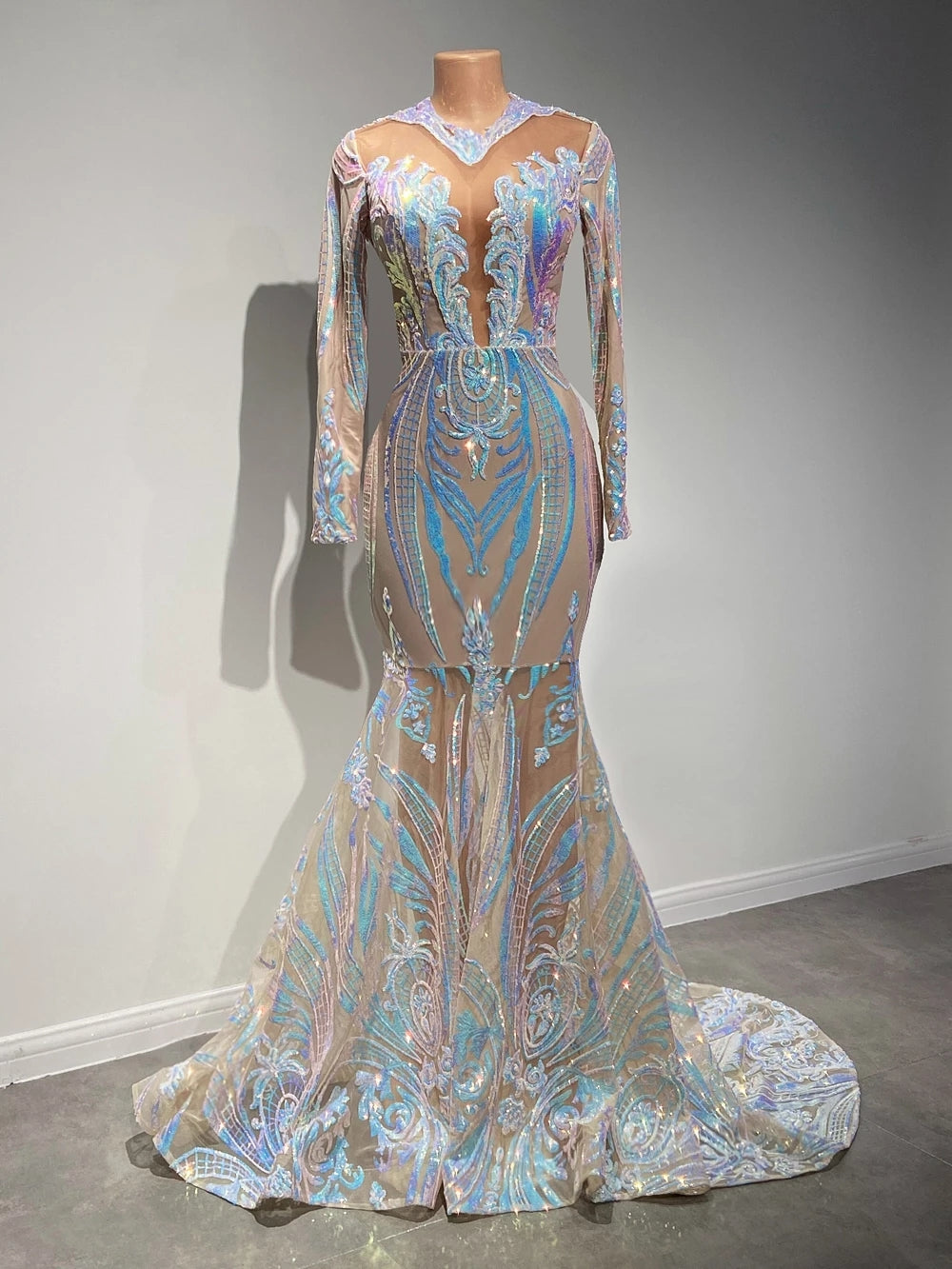 Classy V-neck Sequins Long Sleeve Floor-length Mermaid Prom Dresses