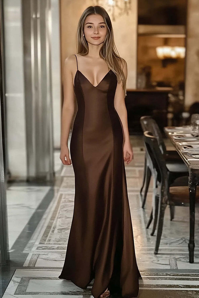 open lace back dress Simple A-Line Satin Brown Long Prom Dress, Brown Long Formal Dress US 4 / Brown main image 1