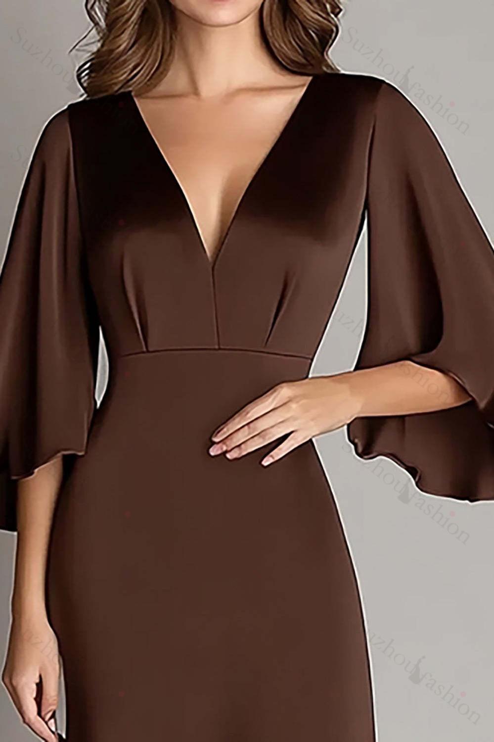 Suzhoufashion Coffee Prom Dress Satin V Neck Sheath Long Formal Dress With 3/4 Sleeves