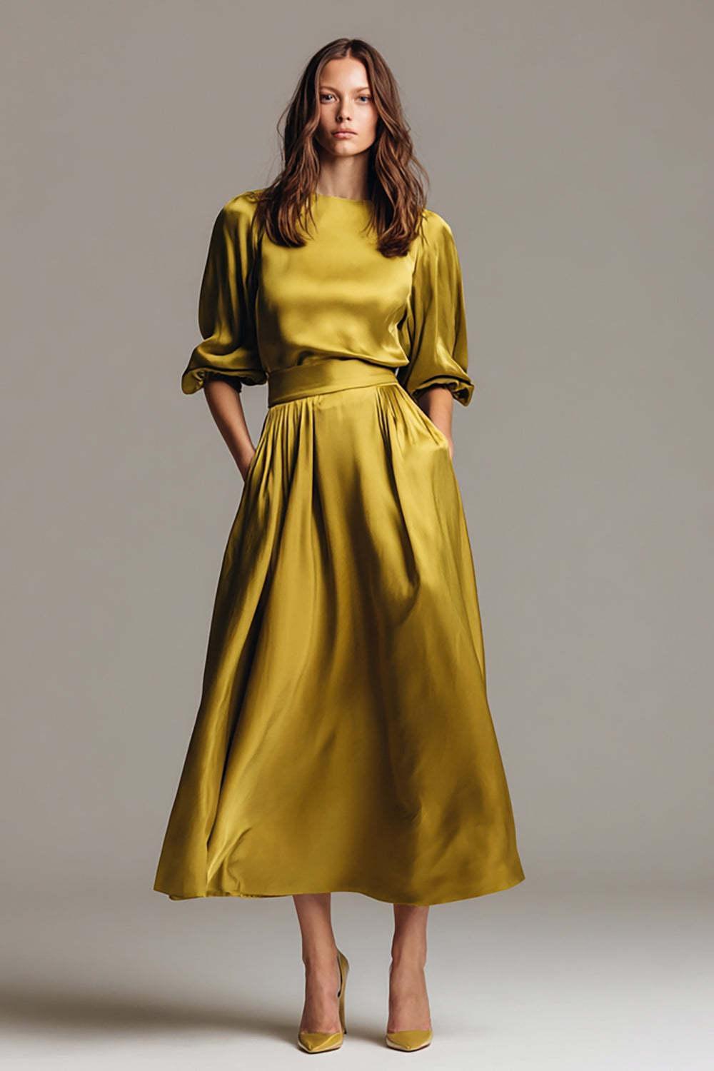 Suzhoufashion Coffee Satin Half Sleeves A-Line Long Evening Dress