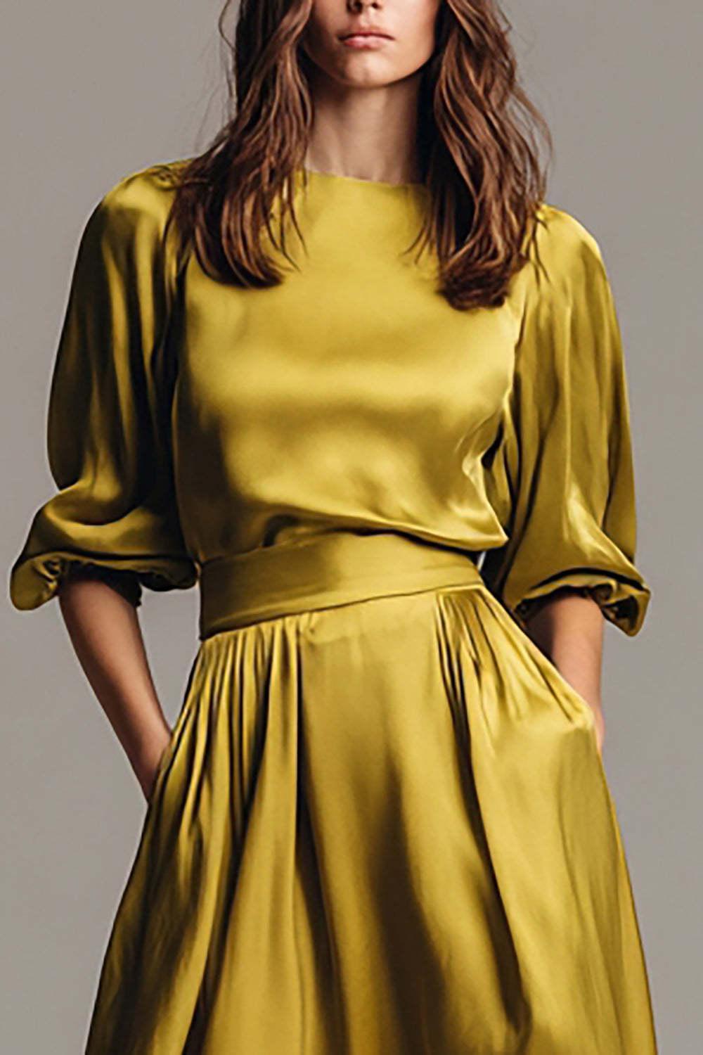 Suzhoufashion Coffee Satin Half Sleeves A-Line Long Evening Dress