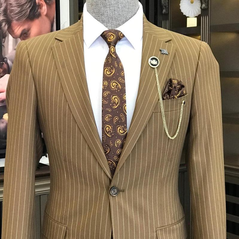 Coffee Striped Two Piece Notched Lapel Prom Suit