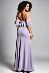 Cold Shoulder Ruffled Lilac Long Formal Dress With Slit