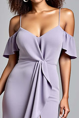 Cold Shoulder Ruffled Lilac Long Formal Dress With Slit