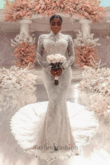 Column Lace High Neck Long Sleeve White Wedding Dress Long Bridal Gown With Appliques Train