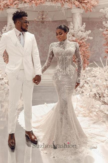 Column Lace High Neck Long Sleeve White Wedding Dress Long Bridal Gown With Appliques Train