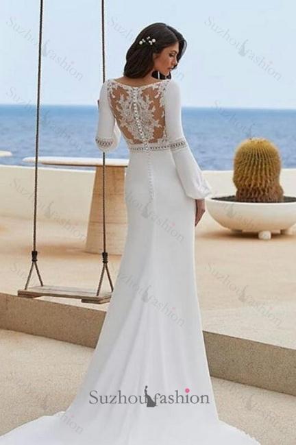 Column Satin Long Sleeve White Beach Wedding Dress Bridal Gown With Appliques
