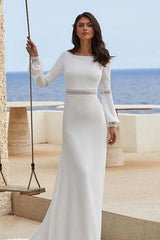 Column Satin Long Sleeve White Beach Wedding Dress Bridal Gown With Appliques