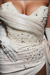 Column Satin One Shoulder Sleeveless White Wedding Dress Bridal Gown With Panel Train