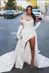 Column Satin One Shoulder Sleeveless White Wedding Dress Bridal Gown With Panel Train