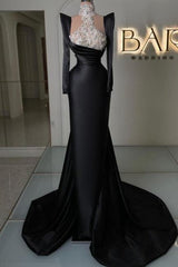 Column Satin Prom Dress Sleeve Black Formal Dress With Rhinestone Train