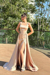 Column Satin Prom Dress Square Sleeveless Formal Dress With Split Train